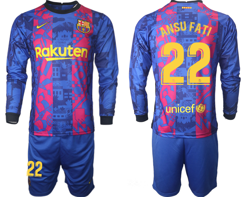 Men 2021-2022 Club Barcelona Second away blue Long Sleeve #22 Soccer Jersey->barcelona jersey->Soccer Club Jersey